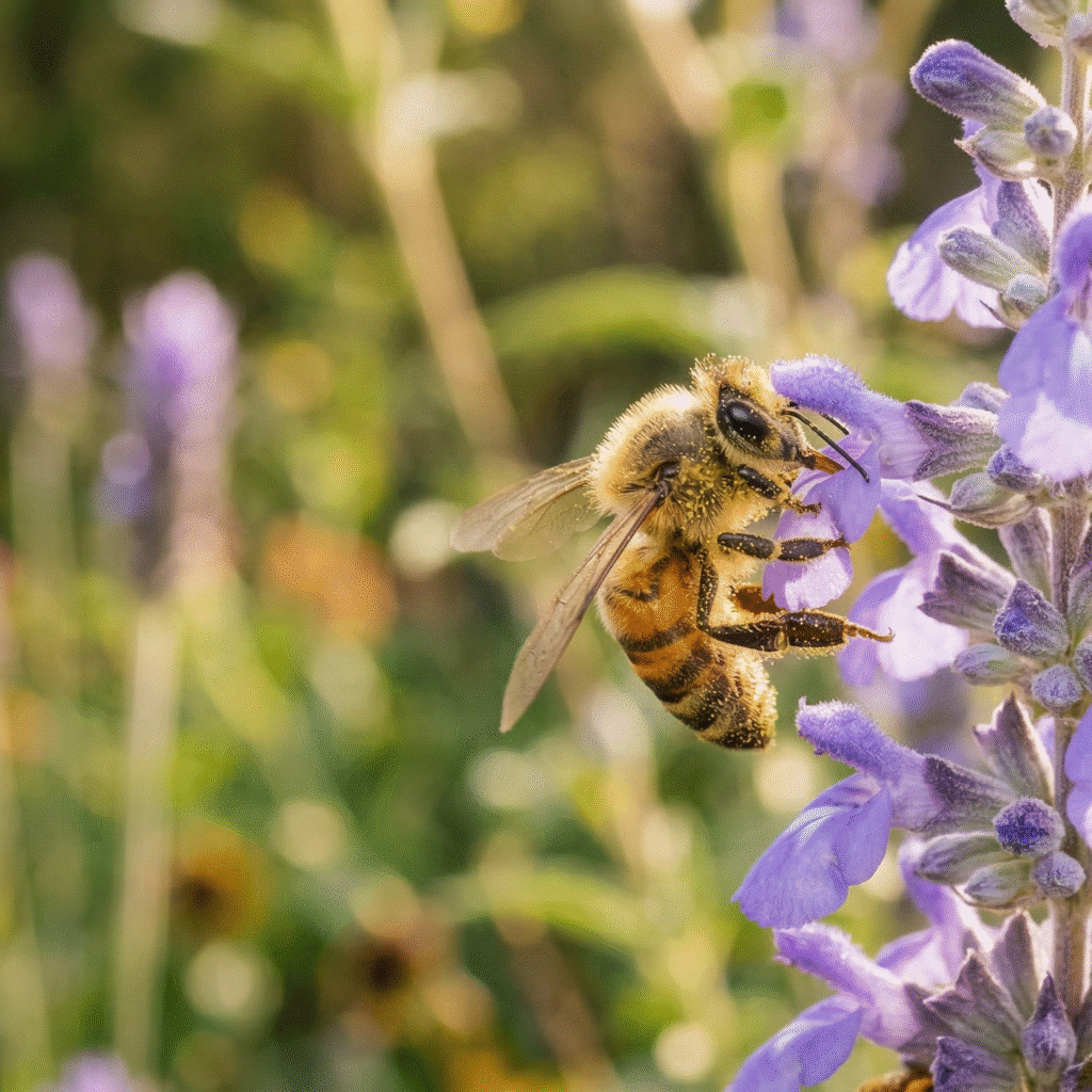 Bee pollinating purple flowers in sunlight